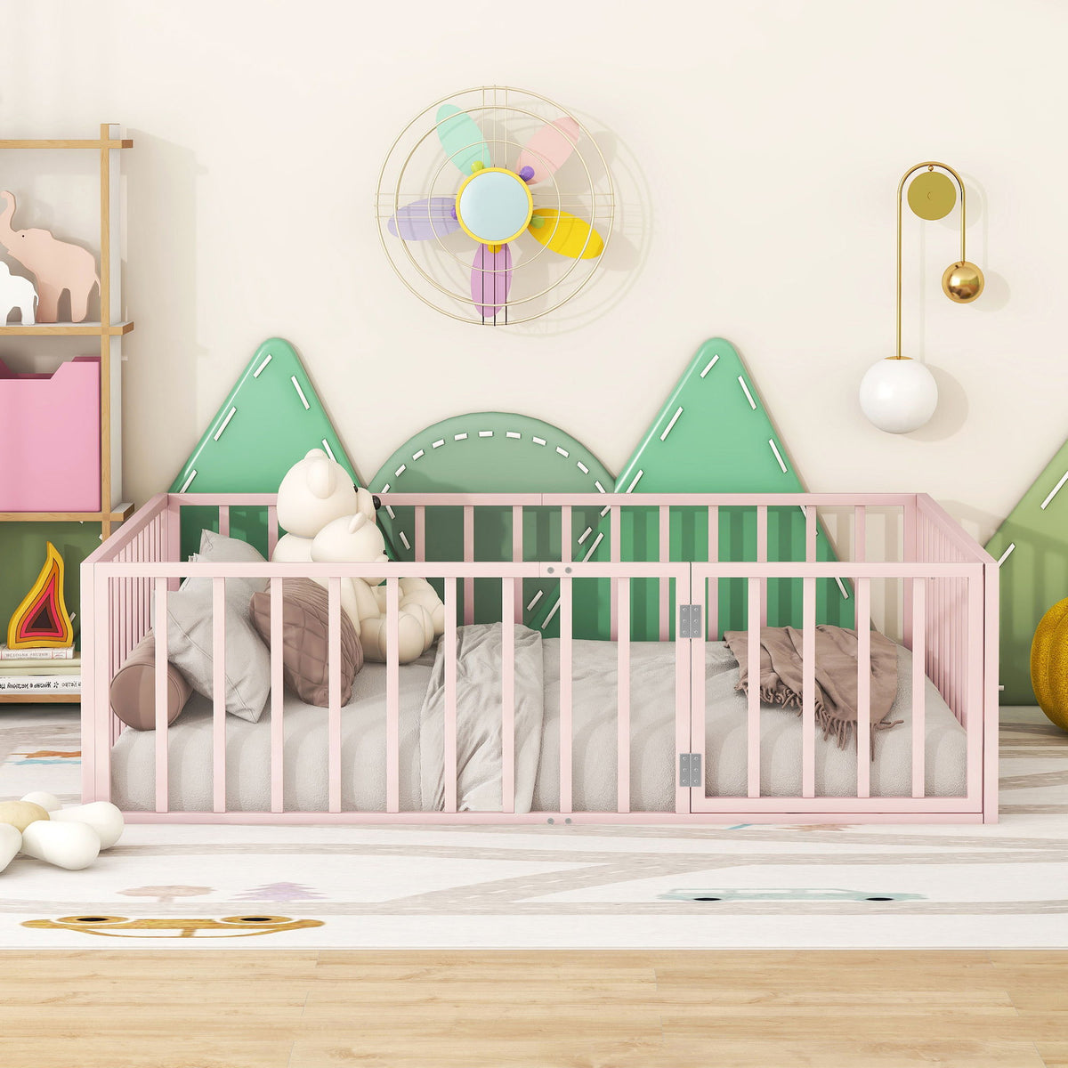 Metal Floor Bed Frame With Fence And Door