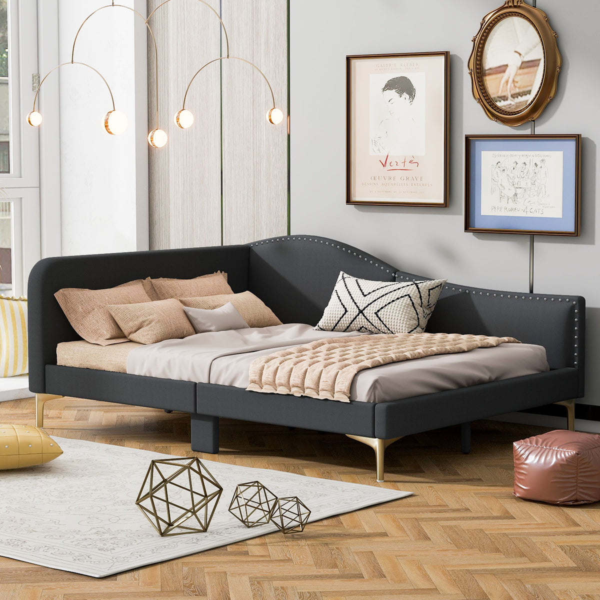Upholstered Daybed With Headboard And Armrest, Support Legs