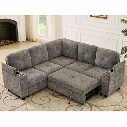 5 Seat Reversible L - Shaped Sleeper Sofa, Pull Out Convertible Sectional Couch With Storage, USB C - Charger, Cup Holders Modular Sofa Bed - Gray