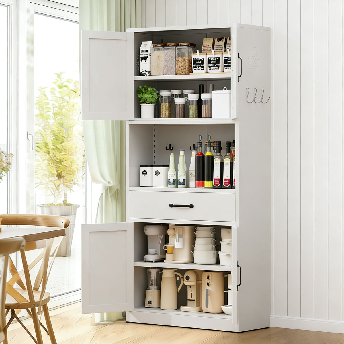 Kitchen Pantry Cabinet With Adjustable Shelves, Drawers, Hooks And Large Countertop - White