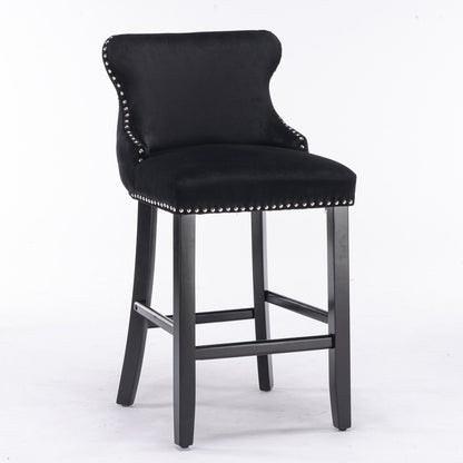 Contemporary Upholstered Wing-Back Barstools With Button Tufted Decoration And Wooden Legs, And Nailhead Trim, Leisure Style Bar Chairs, Bar Stools (Set of 2)