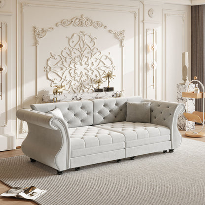 Oversized Chesterfield Pull Out Sofa Bed, Roll Arm Couch With Flower Tufting For Living Room
