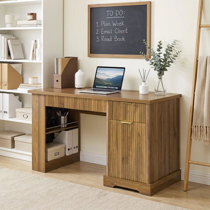 Modern Fluted Office Desk With Storage Cabinet