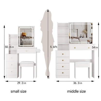 Cabinet Vanity Table & Cushioned Stool, USB Power Station, Hair Dryer Bracket - White
