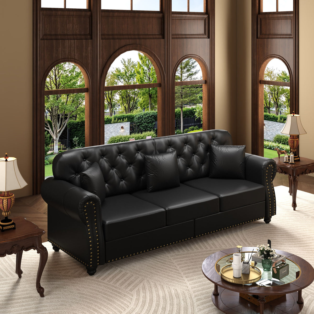 Upholstered Sofa With Nailhead Trim, Rolled Armrests With Ottoman