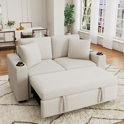 Modern 2 Seater Loveseat Sofa With Pull-Out Bed, Fabric, Built-In USB Ports & Cup Holders