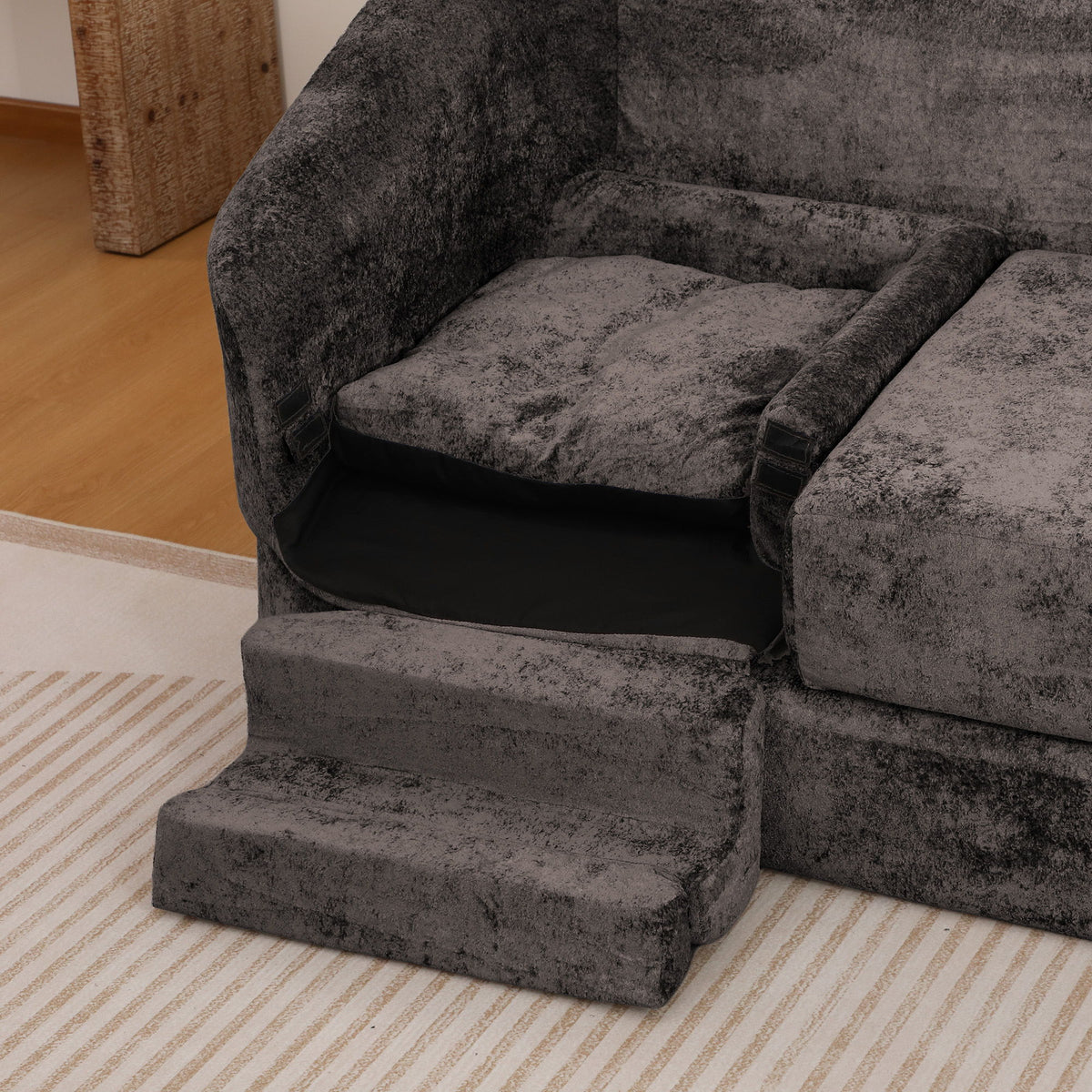 3 Seater Sofa With Built In Pet Bed Nook, Curved Design And 2 Throw Pillows