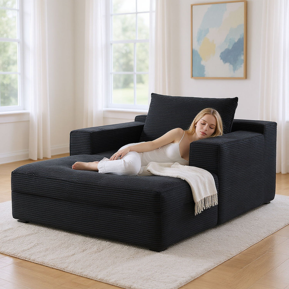 Convertible Chaise Lounge Chair With Wide Armrest & Throw Pillows