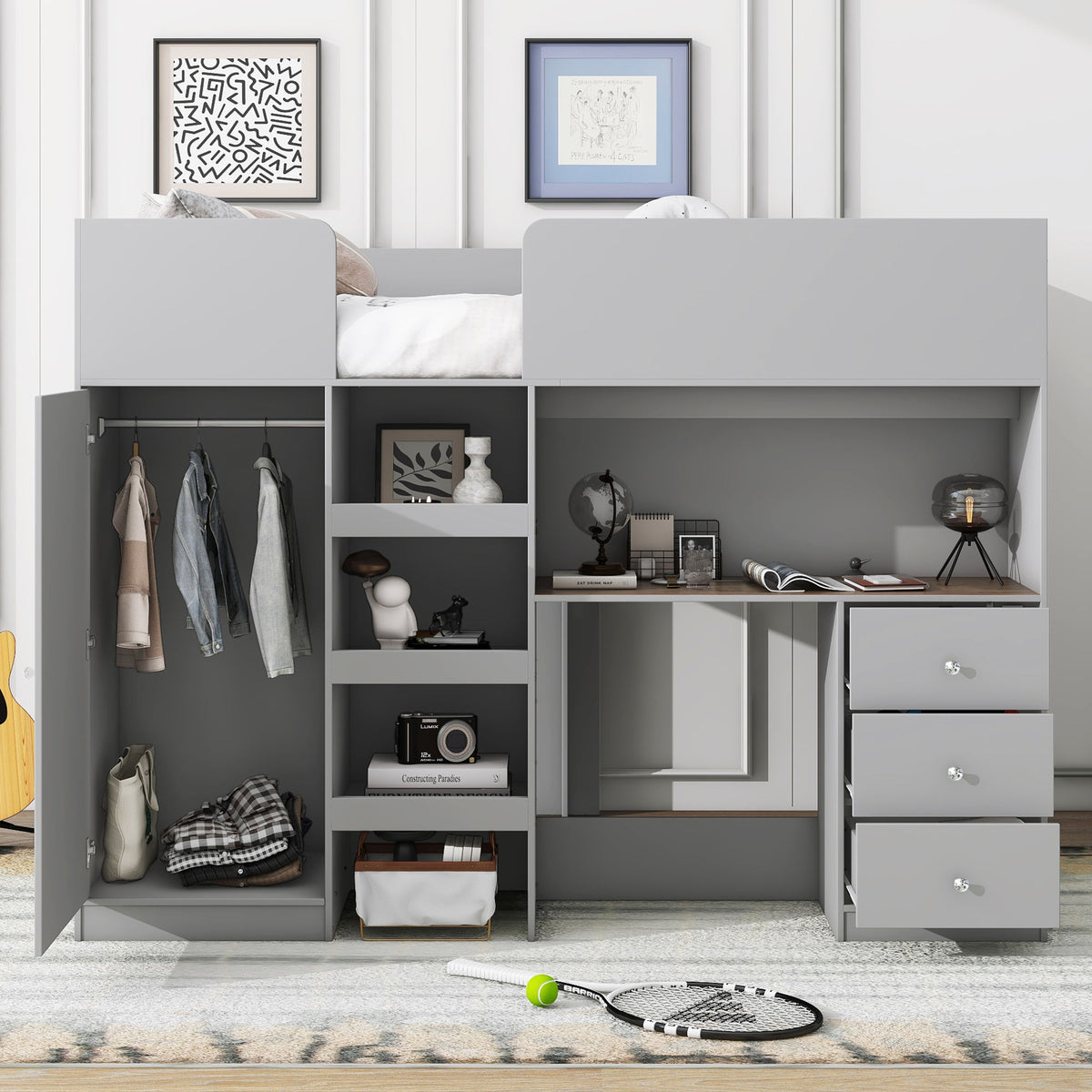 Loft Bed With Built In Wardrobe, Desk, Shelves, And Drawers