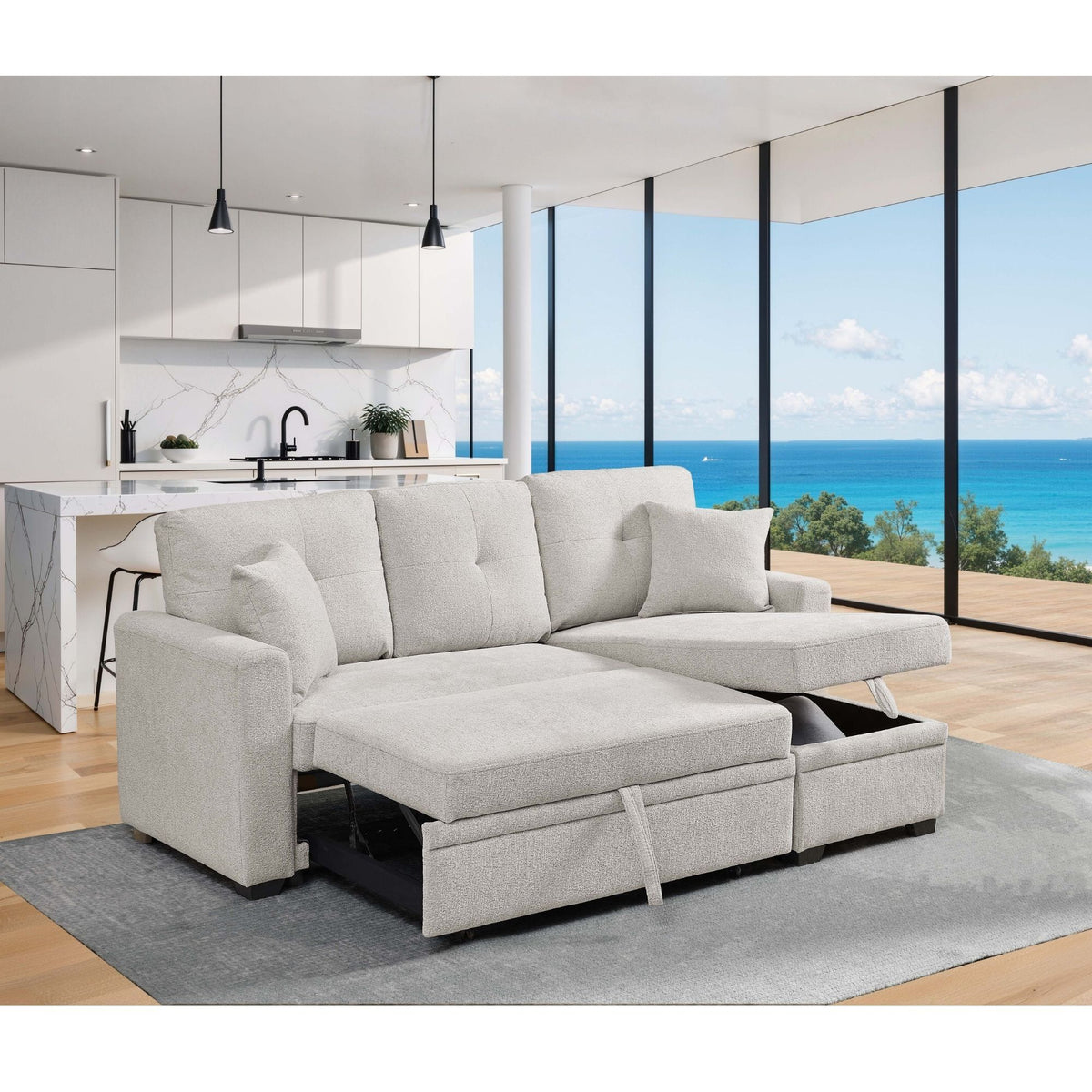 Upholstered Sectional & Pull Out Bed And Chaise Storage - Beige