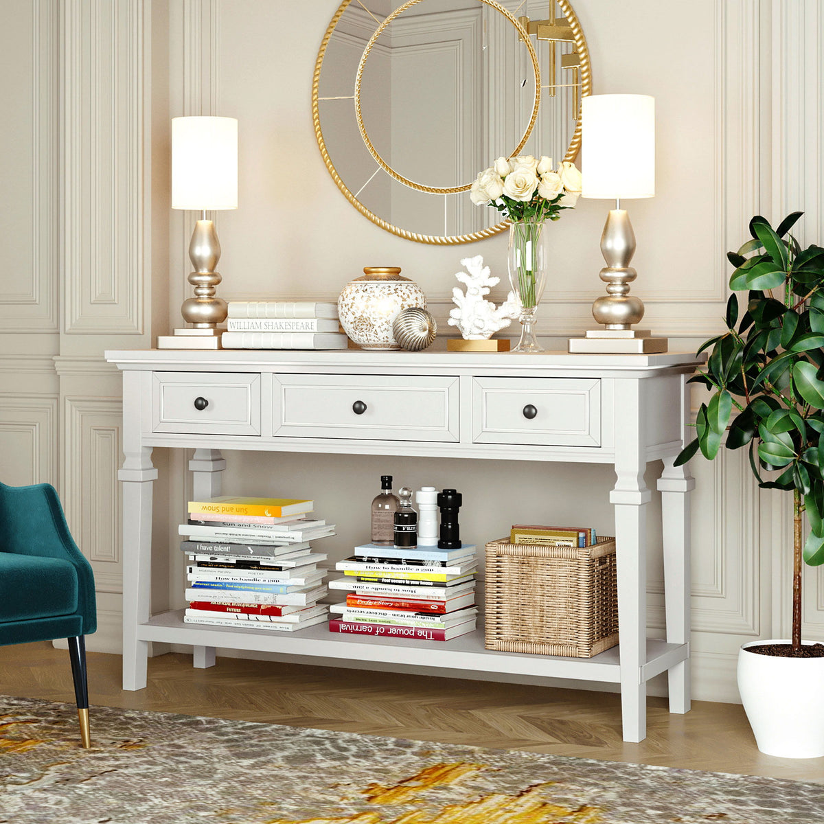 Classic Retro Style Console Table With 3 Top Drawers And Open Style Bottom Shelf - Antique White
