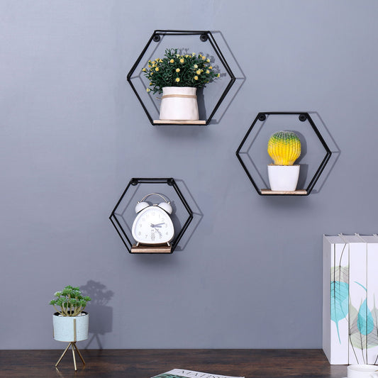 Wall Mounted Hexagonal Floating Shelves - Black (Set of 3) In Different Sizes, Modern Metal Wall Shelf, Simple Wood Partition Storage Shelves, Wall Decor Rack - Natural Wood