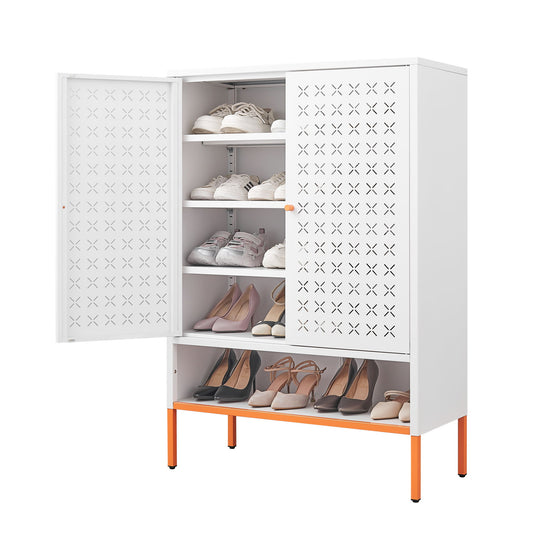 Grid Double Door Shoe Cabinet With Adjustable Compartments And Moisture-Proof Design In Metal