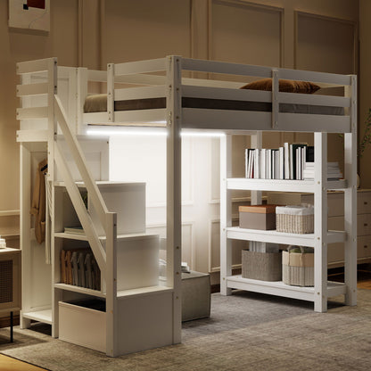 Loft Bed With 4 Layer Shelves, Storage Staircase, Small Wardrobe And LED Light