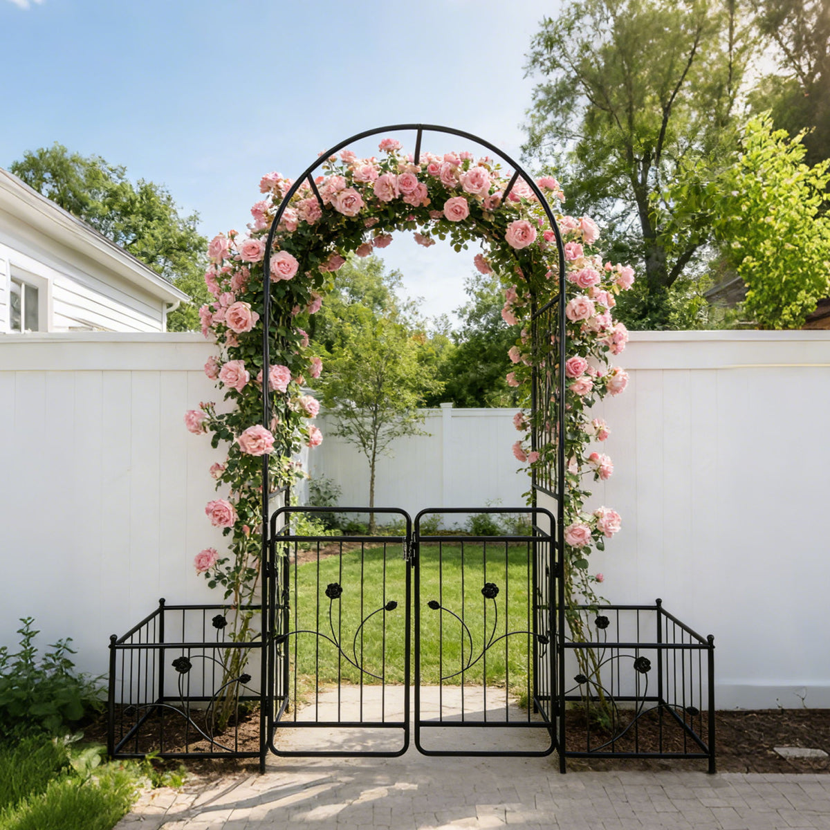 Metal Garden Arch With Gate Wide High Climbing Plants Support Rose Arch Outdoor - Black