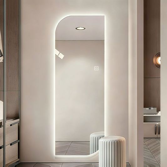 Irregular Shape LED Full Length Wall Mirror With 3 Color Dimmable Lighting - Silver