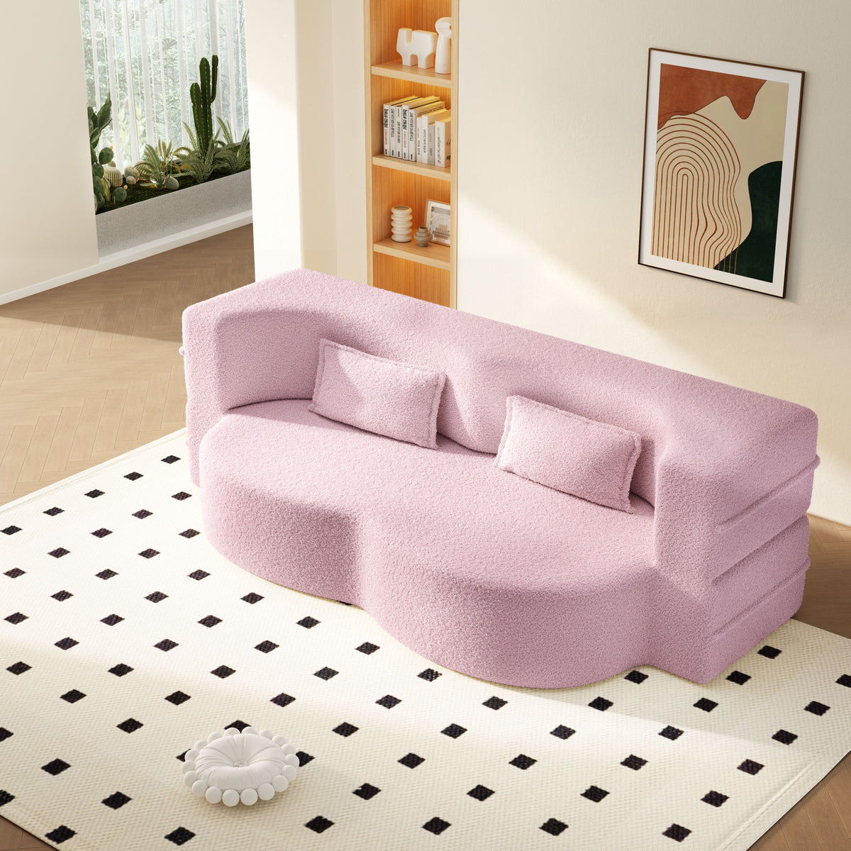 Modern Floor Sleeper Sofa Bed With 2 Pillows, Convertible Twin Size Folding Mattress For Living Room