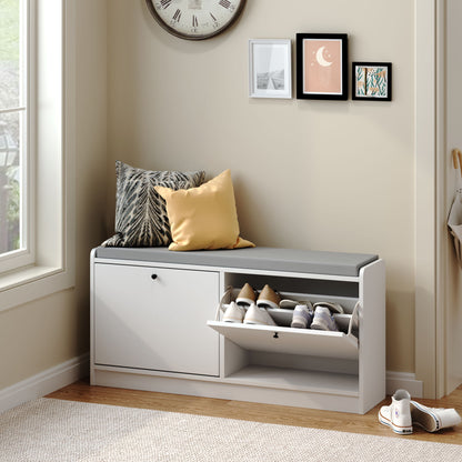 Shoe Storage Bench With Cushion, Entryway Organizer Cabinet For Hallway - White