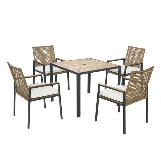 5 Piece Patio Dining Table Set, Acacia Wood Table Top With Umbrella Hole