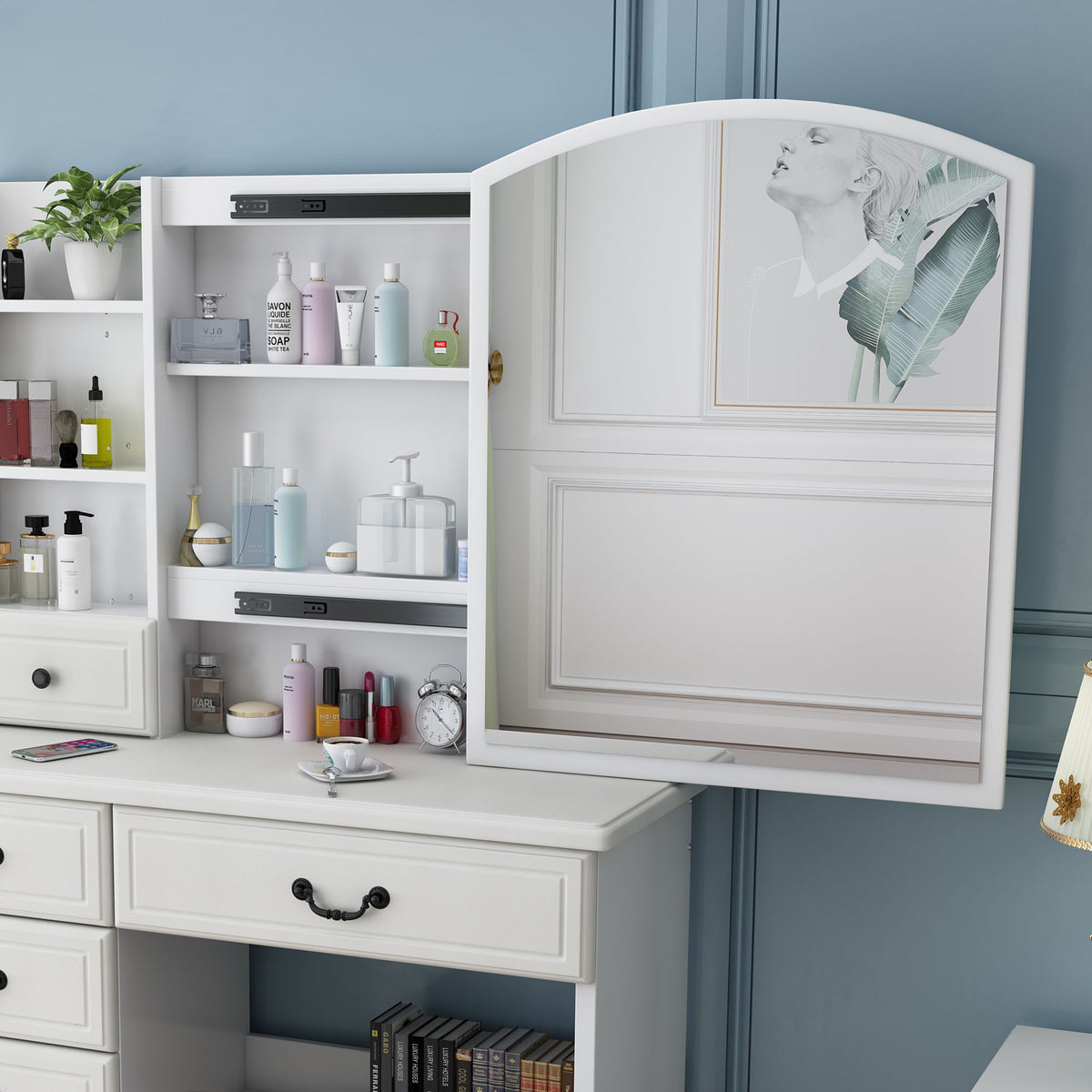 Fashion Vanity Desk With Mirror And Adjustable Lighting, 6 Drawers, 3 Color Light Modes - White