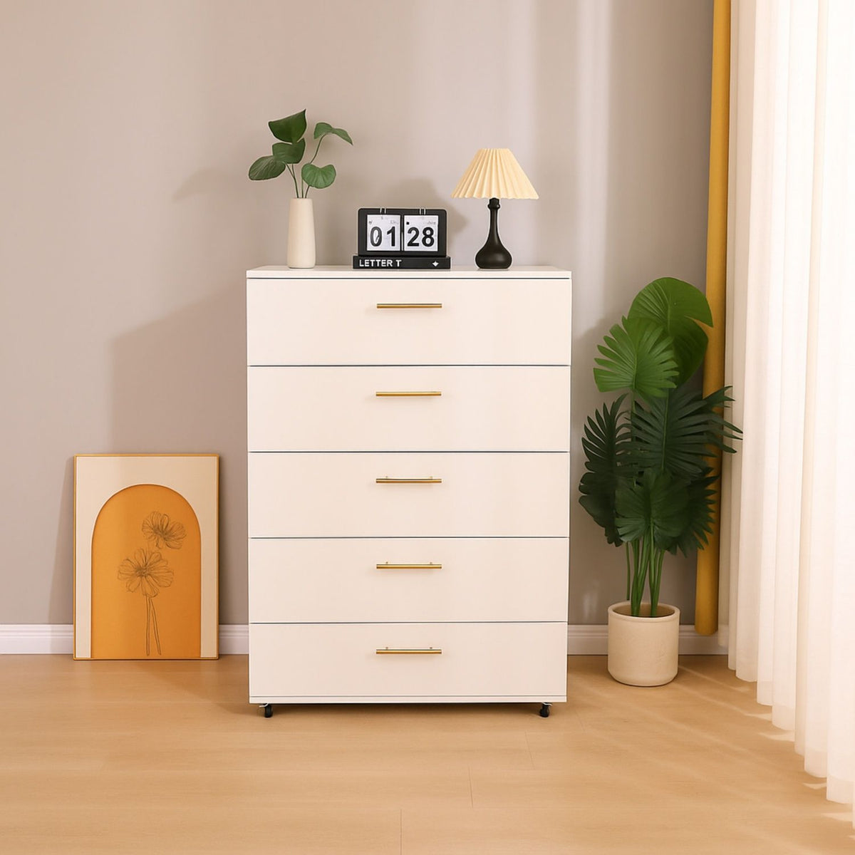 5 Drawer Dresser With Handles - White