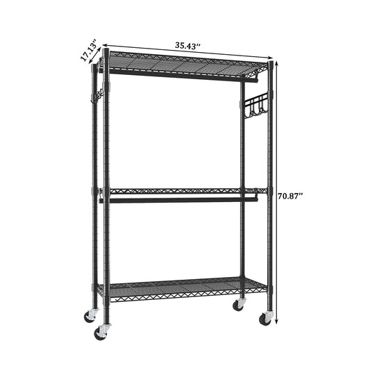 Heavy Duty Rolling Clothes Rack With 3 Tier Shelves, 2 Rails & Side Hooks, Adjustable Freestanding Organizer Metal - Black