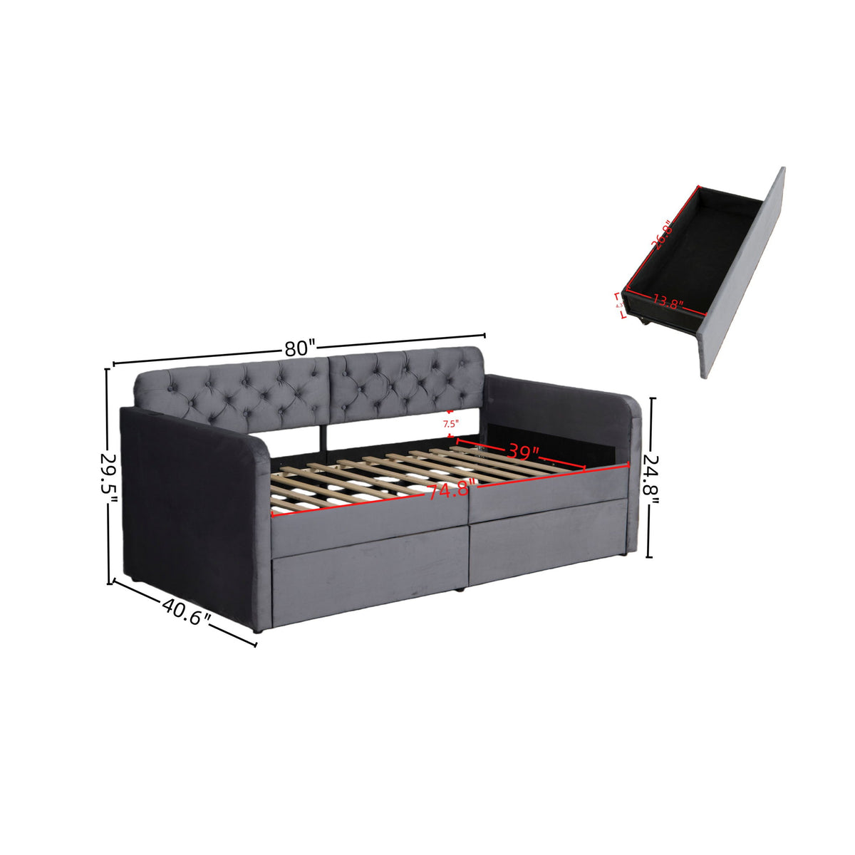 Twin Size Upholstered Daybed With 2 Storage Drawers And USB Charging Design - Gray