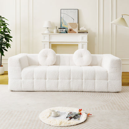 Boneless 3 Seater Sofa With Circular Throw Pillows - Beige