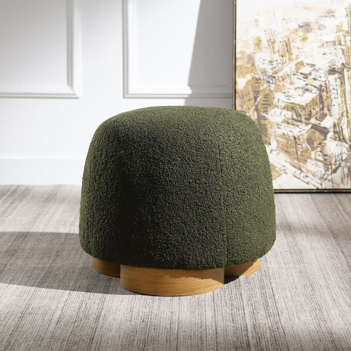 Round Soft Teddy Fabric Upholstered Ottoman With Metal Accents