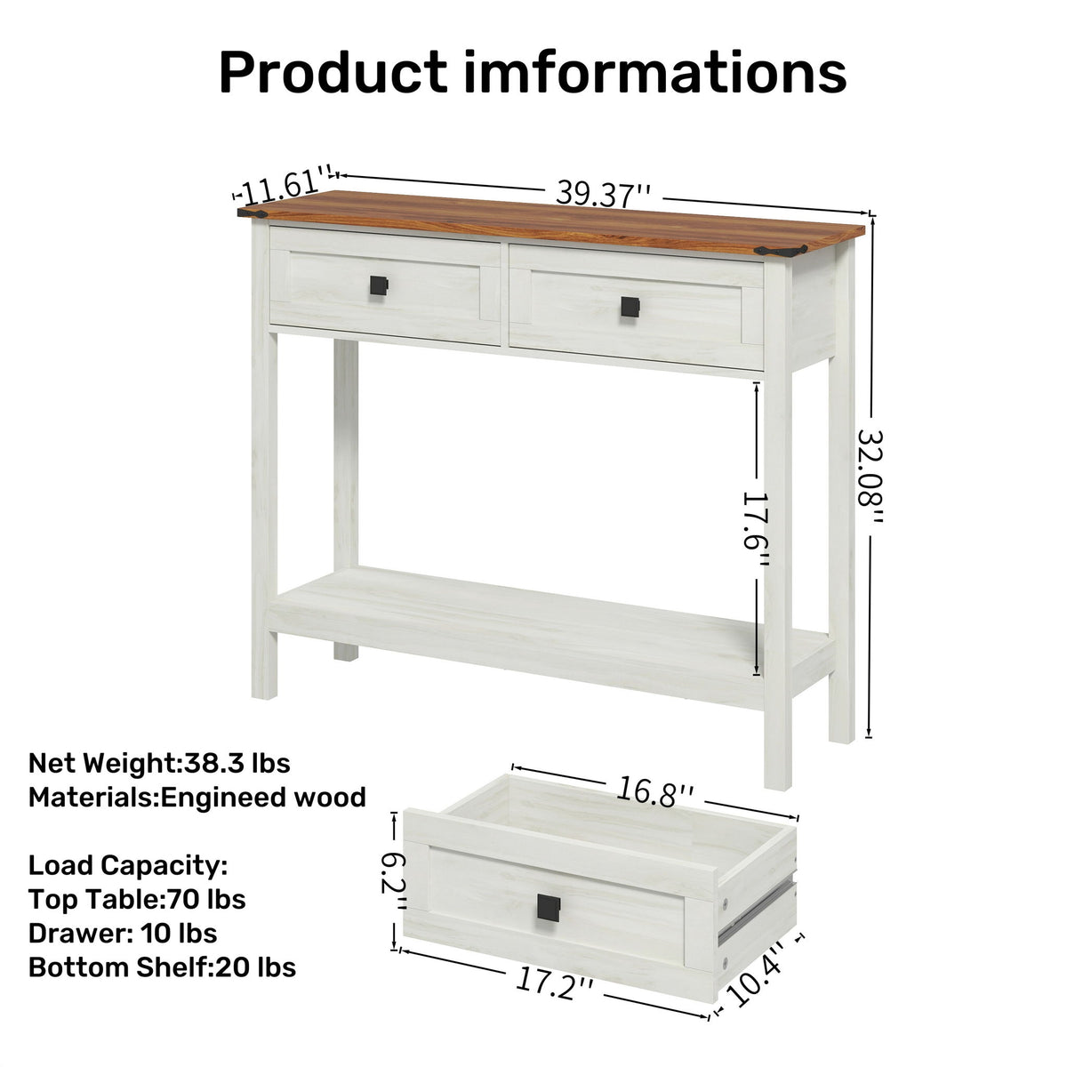 Farmhouse Style Console Table With 2 Drawers And Bottom Storage Shelf