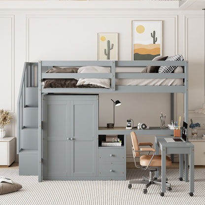 Loft Bed With Stairs, Bookshelf, Drawers, Desk & Wardrobe, Space Saving Multifunctional Furniture