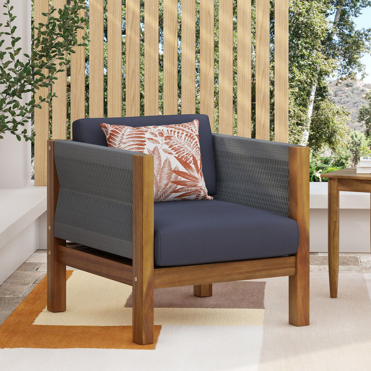 Outdoor Club Chair With Rattan Rope Wave - Teak