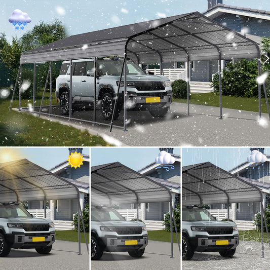 Metal Carport 13 X 26.5 Ft Heavy Duty With Galvanized Steel Roof Metal Garage Canopy With Galvanized Steel Roof & Frame Car Tent Outdoor Storage Shed For Car Boats And Truck - Gray