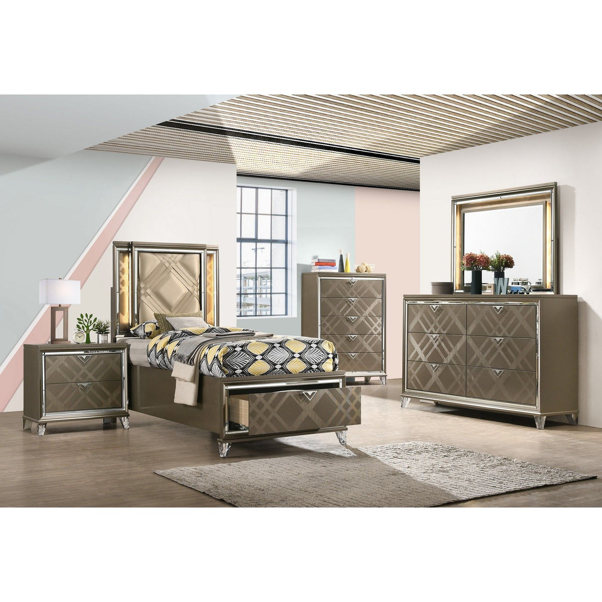 Skylar - Full Bed With LED & Storage - Champagne