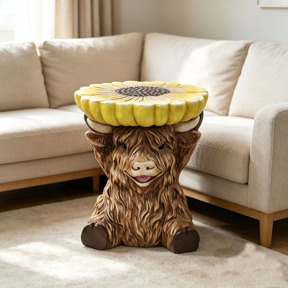 14'' Brown Highland Cow Stool With Yellow Sunflower Top, Cute Farm Animal Side Table Decor, Indoor & Outdoor Creative Figurine Seat For Patio, Garden, Living Room Home Decor