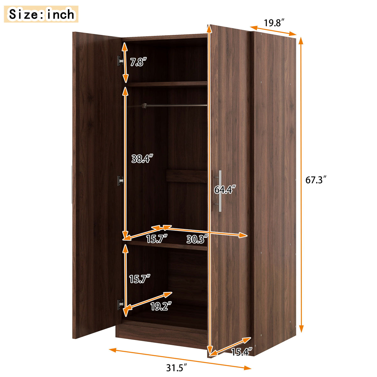 2 Door Wooden Wardrobe Armoire With 3 Storage Shelves - Brown