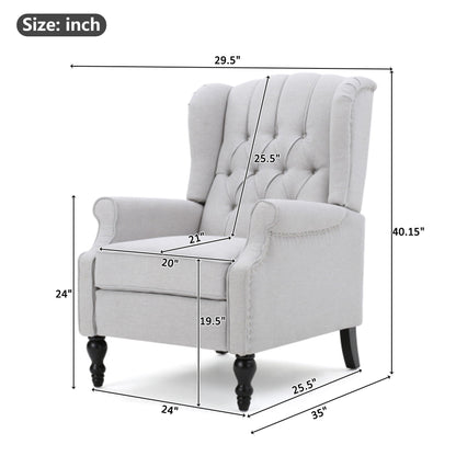 Tufted Arm Chair Recliner With Wingback Style, Pushback Mechanism - Light Gray