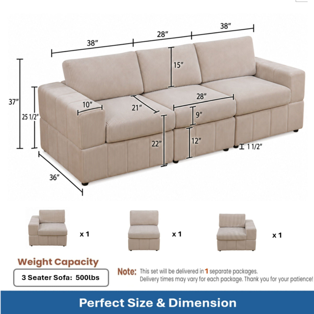 Oversized Modular Sectional Sofa 3 Piece Set, Flexible Layout For Living Room