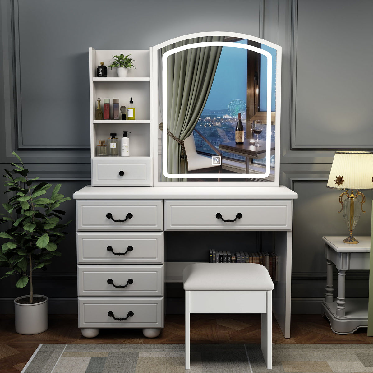 Fashion Vanity Desk With Mirror And Adjustable Lighting, 6 Drawers, 3 Color Light Modes - White