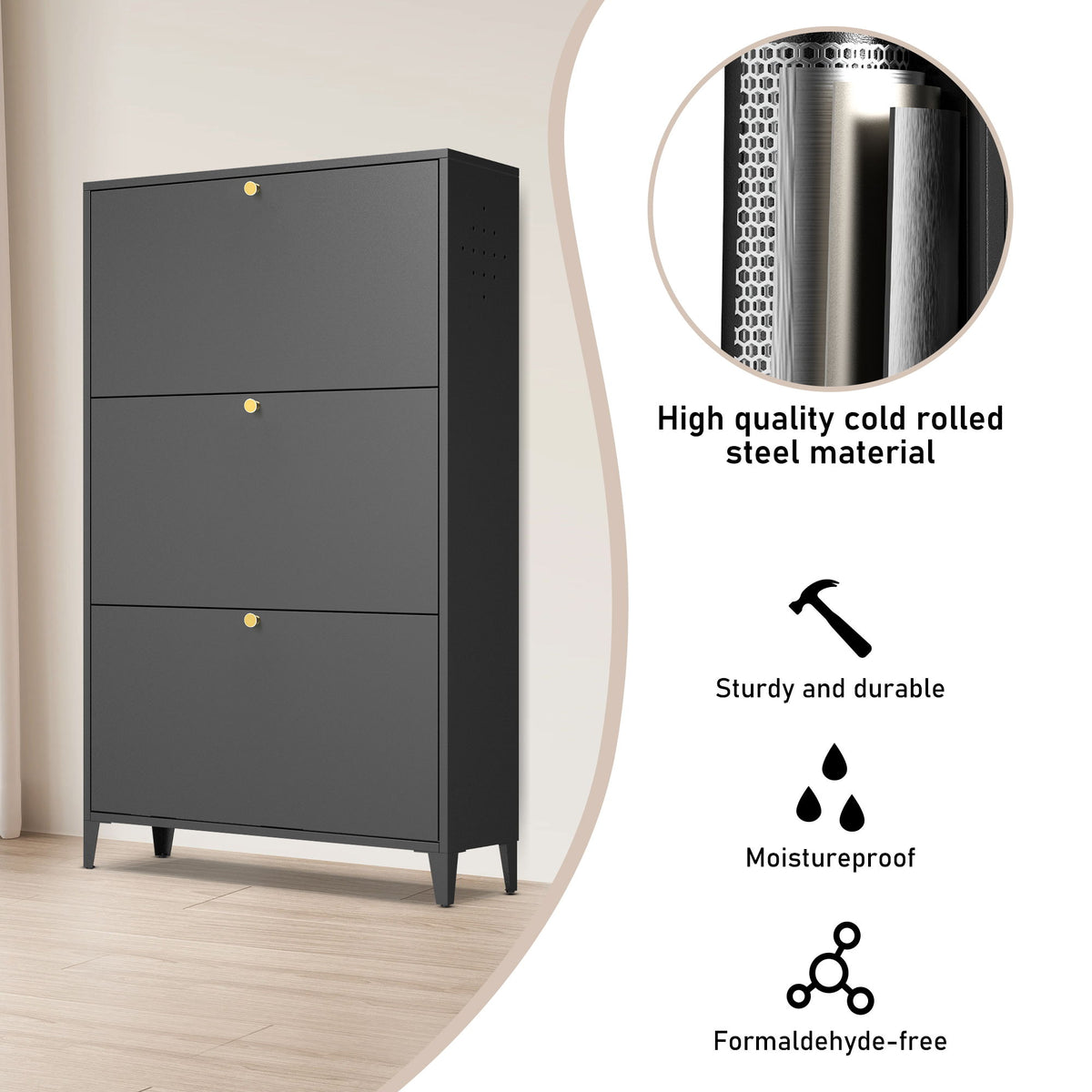 3 Drawer All Steel Shoe Cabinet, Freestanding Storage Organizer With Flip Door