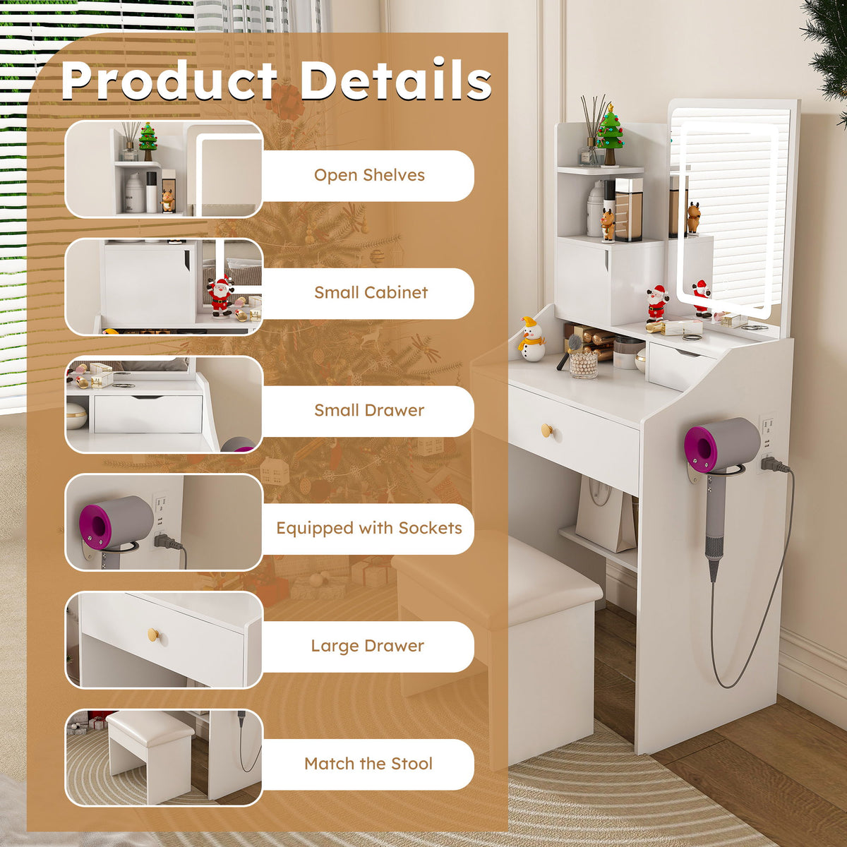 LED Vanity Mirror With Stool, 2 Drawers & 5 Storage Cabinets, Adjustable Lighting Mdf Dressing Table For Bedroom - White