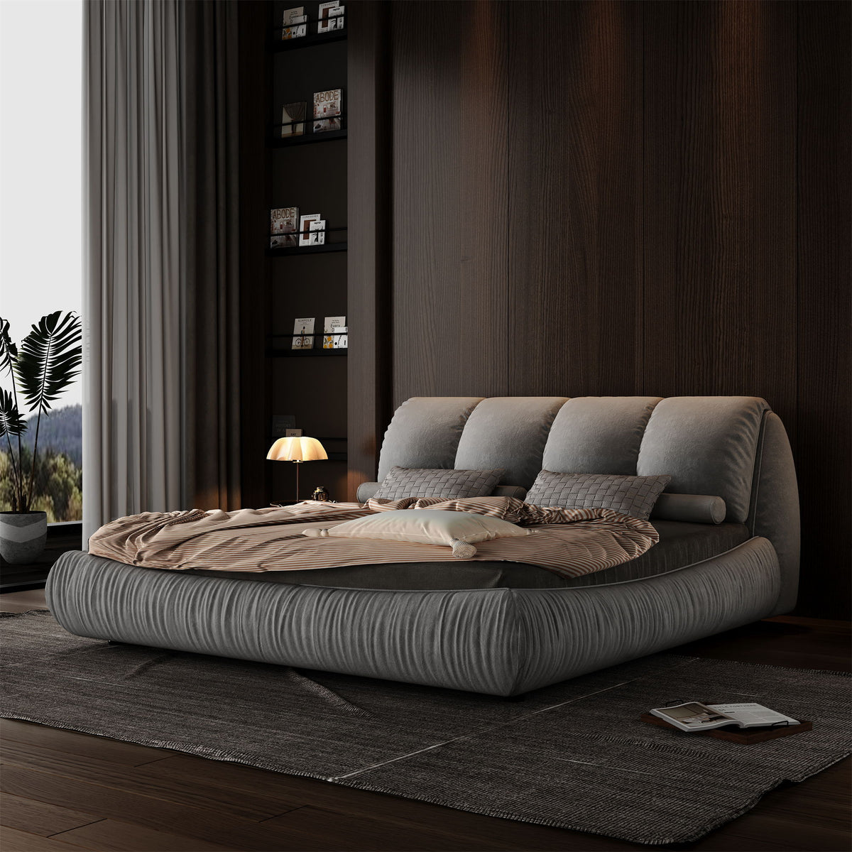 Luxury Upholstered Platform Bed With Oversized Padded Backrest And Solid Wood Frame