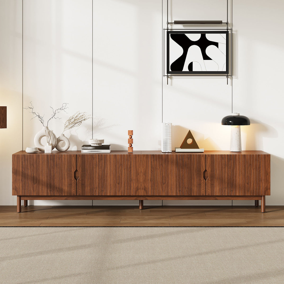 TV Stand With Legs, Media Console, 4 Cabinets For Living Room - Natural Wood