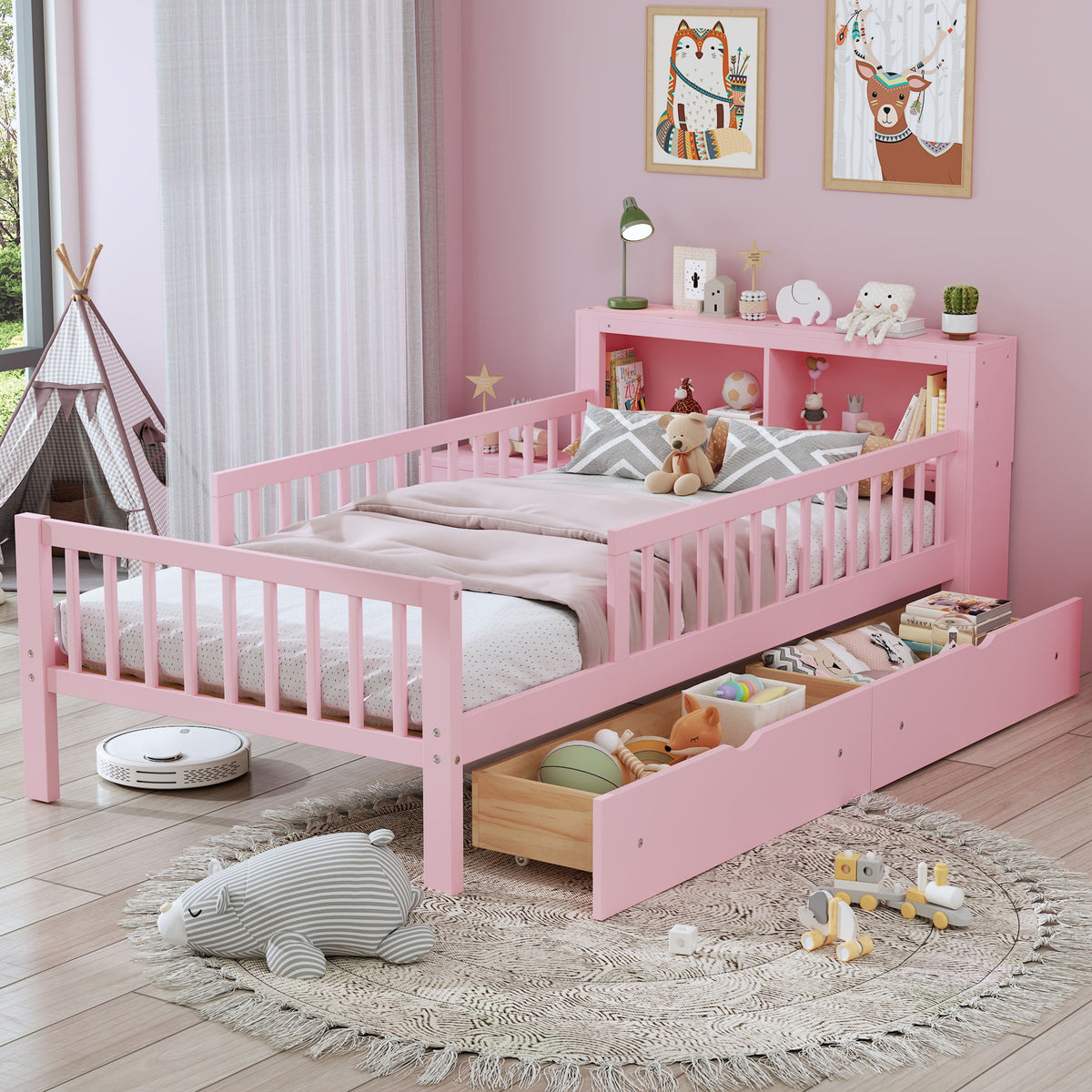 Bed With Headboard Storage Rack, 2 Under Bed Drawers, 3 Side Guardrails For Safety