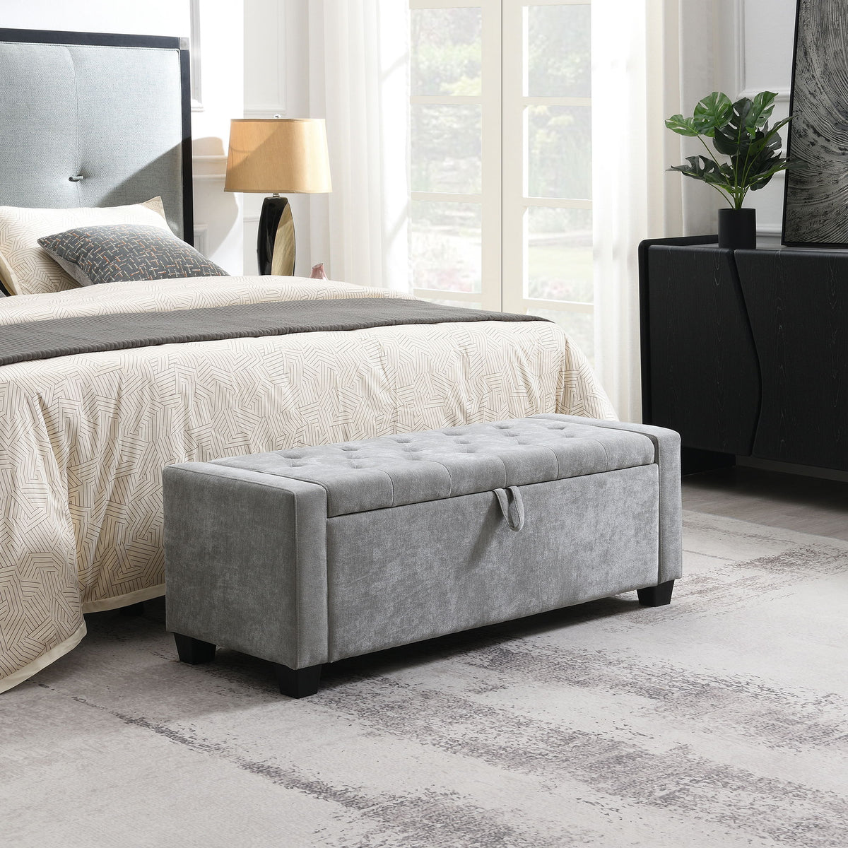 Upholstered Storage Ottoman Bench With Button Tufting And Safety Hinge