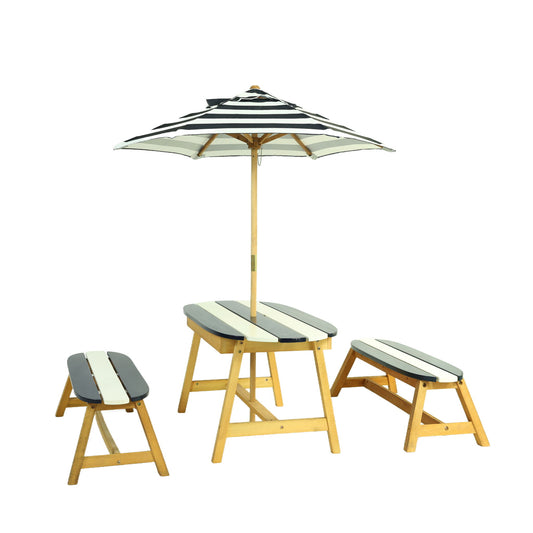 Naturally Playful Kids Picnic Table With Umbrella, Indoor / Outdoor Fun - Blue / White Stripes