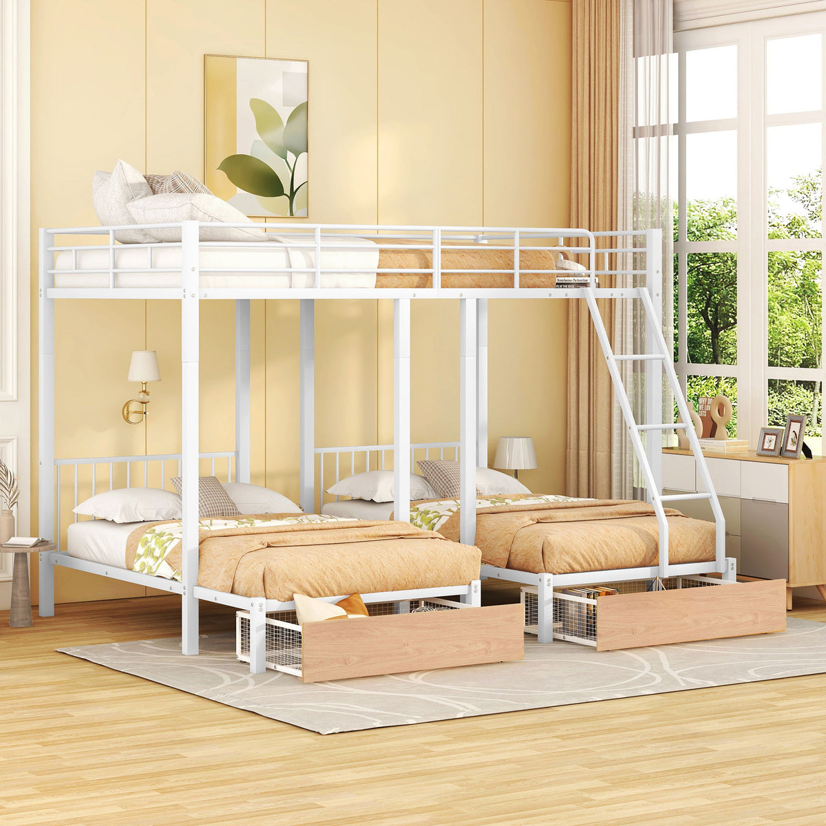 Triple Bunk Bed With Drawers And Guardrails
