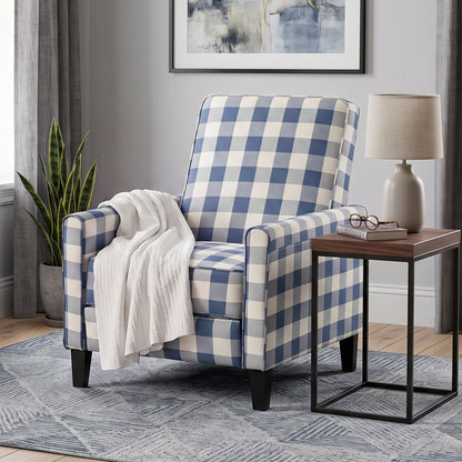 Buffalo Plaid Push Back Recliner Chair For Living Room - Blue / White