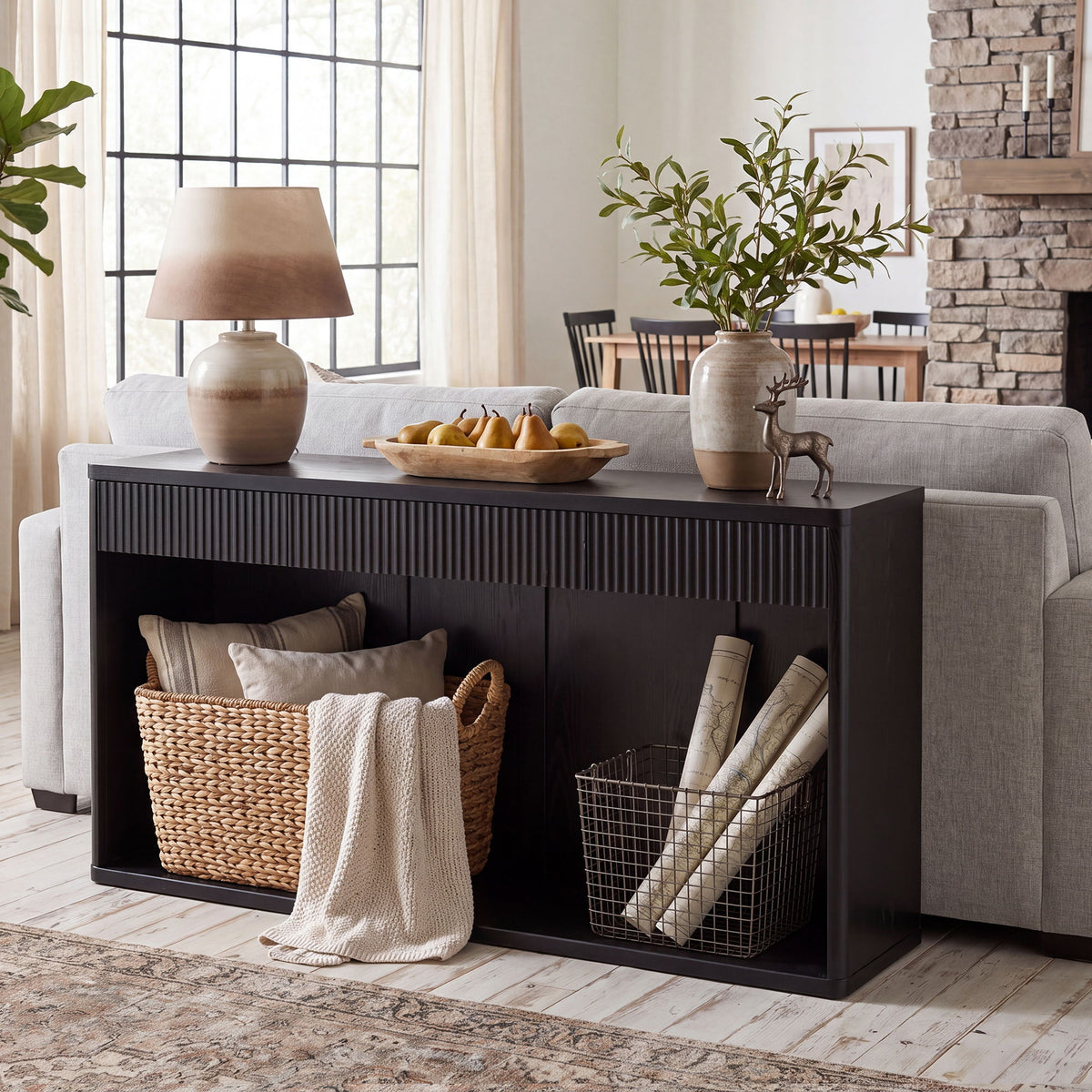 Fluted Console Table With 3 Drawers, Long Sofa Table Behind Couch For Living Room - Black