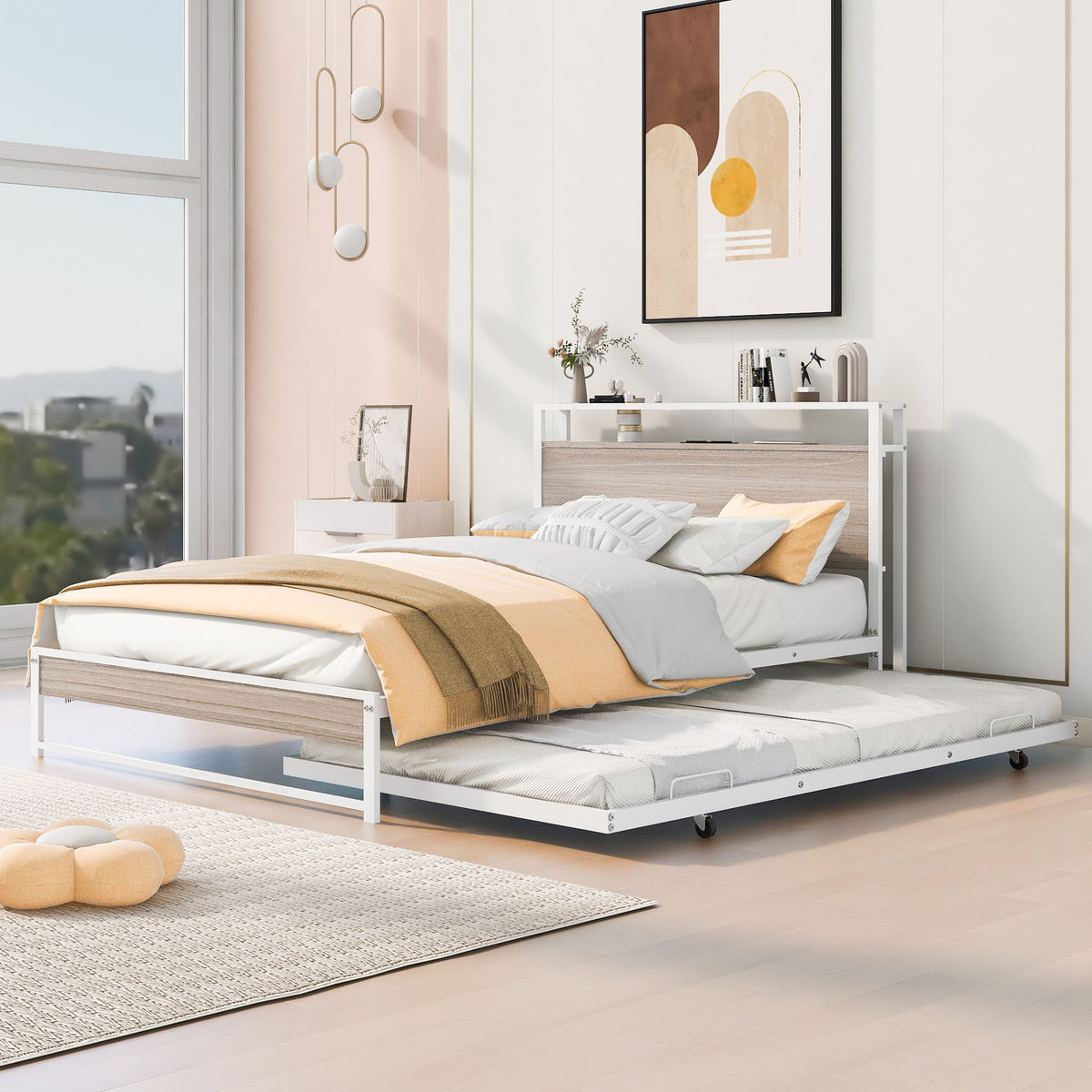 Platform Bed Frame With Trundle, USB Ports And Slat Support, No Box Spring Needed